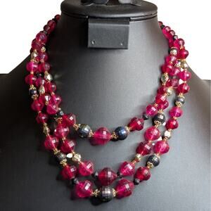 VTG Signed Western Germany Pink Gray Faceted Three Strand Acrylic Bead Necklace